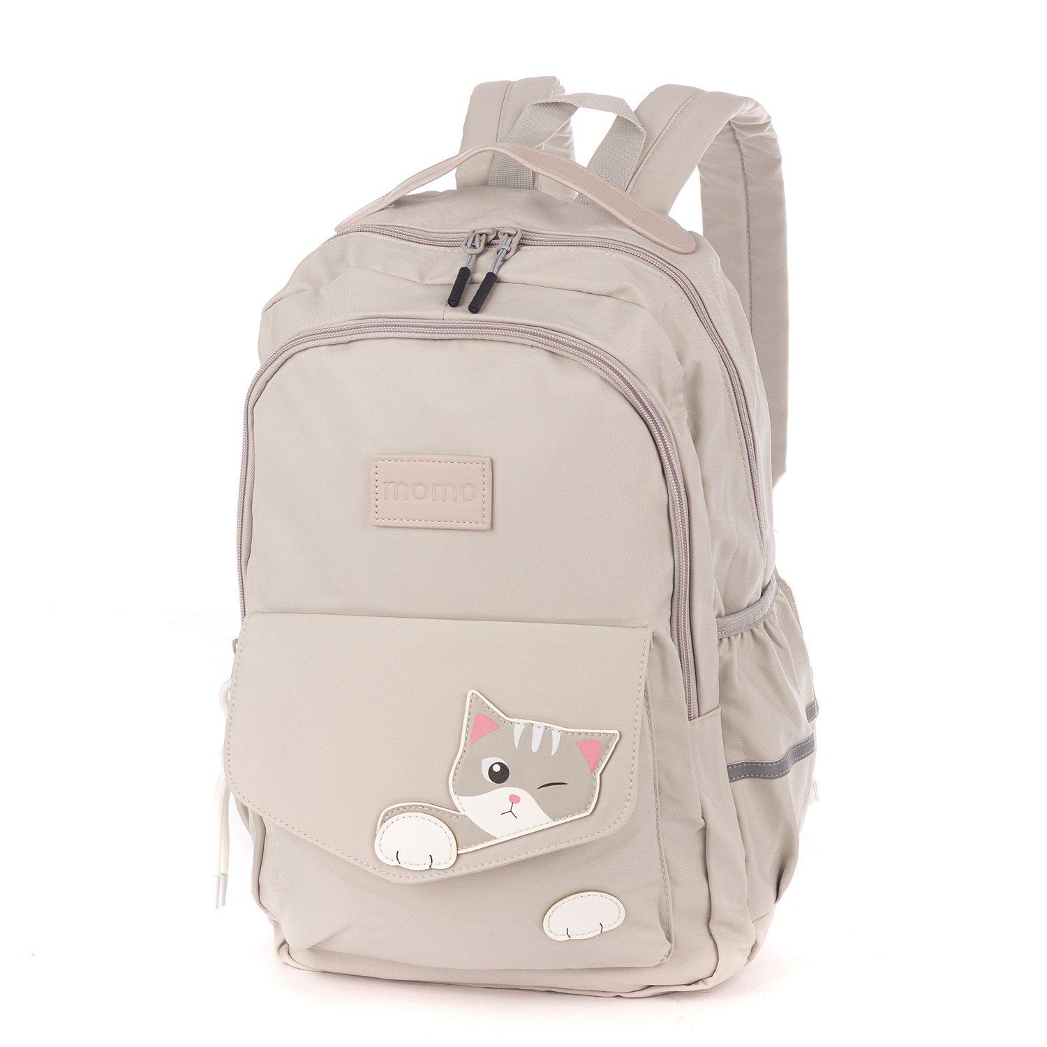 Рюкзак мужской городской, бежевый, с котами, с USB и чехлом от дождя, объем 28 л