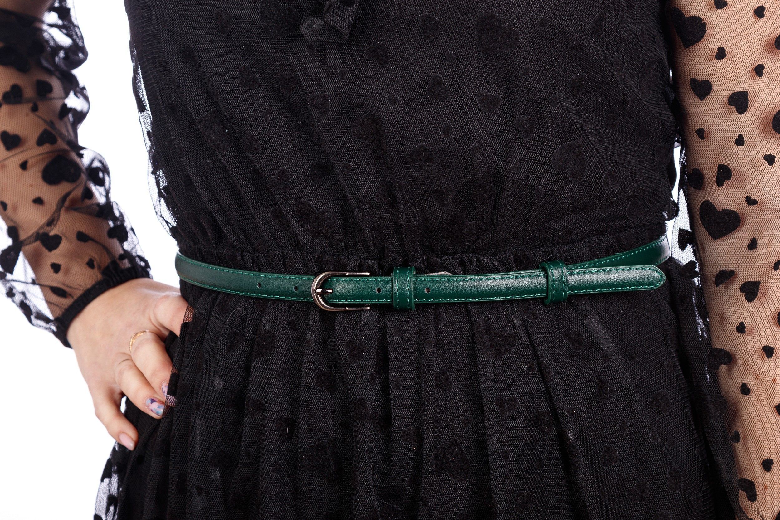 Ремень женский кожаный, зеленый MAGROM, узкий, 115 см