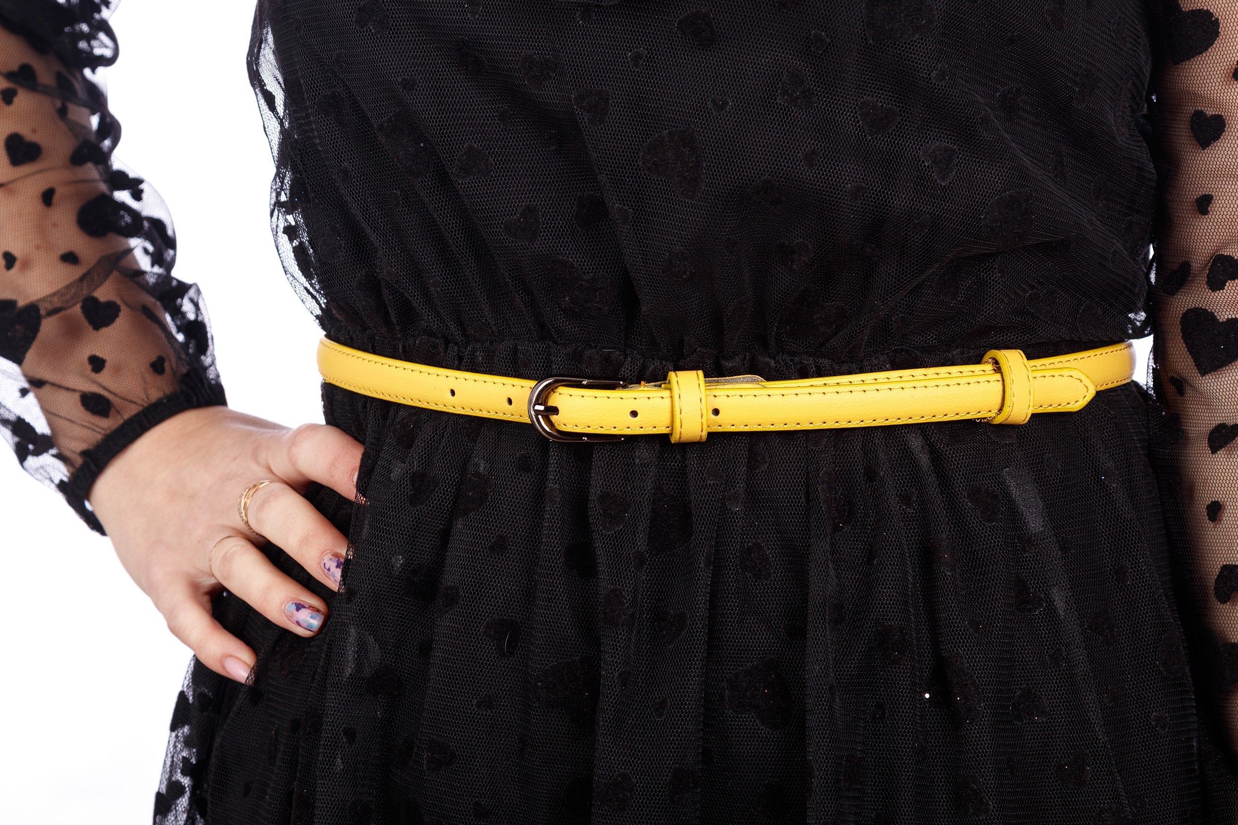 Ремень женский кожаный, желтый MAGROM, узкий, 115 см
